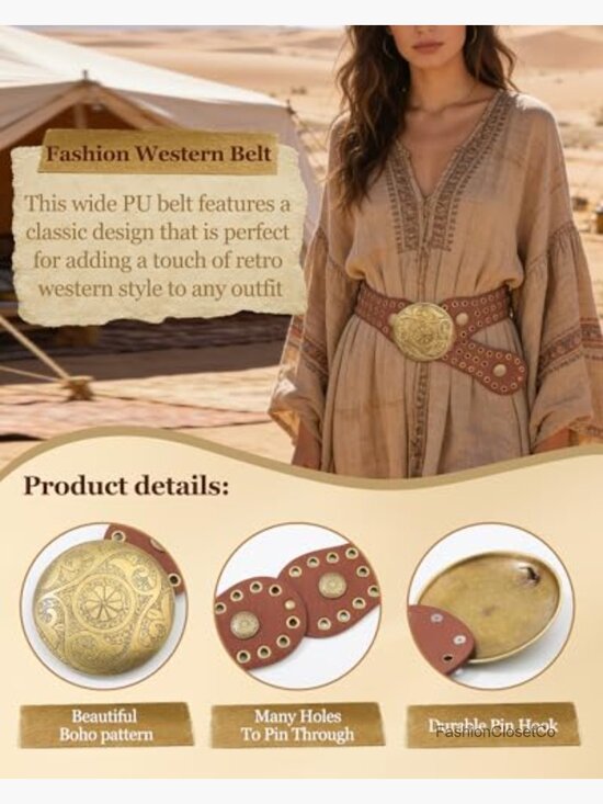 Wide Western Belt with Vintage Concho Buckle - Boho Country Belt for Dress main image 5